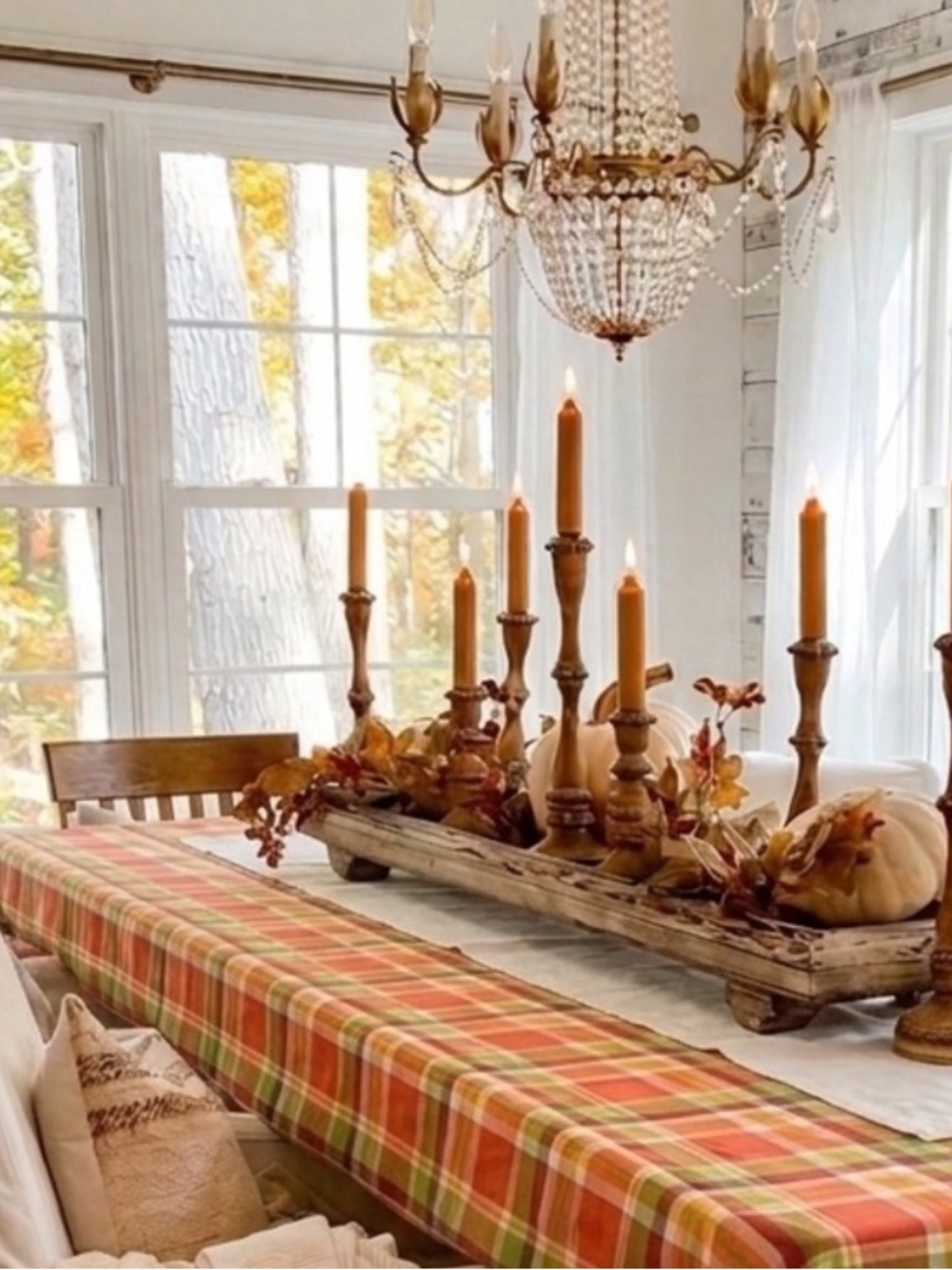 Autumn Tablecloth Fall Plaid Traditional Farmhouse Boho Cottage Tan 110” x 85”